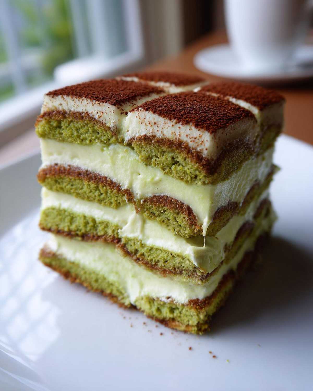 A tall, square slice of Matcha Tiramisu with Ladyfingers layered with cream and dusted with cocoa powder.
