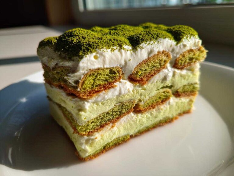 Divine 8-Layer Matcha Tiramisu with Ladyfingers A close-up slice of layered Matcha Tiramisu with Ladyfingers, topped with green matcha powder.