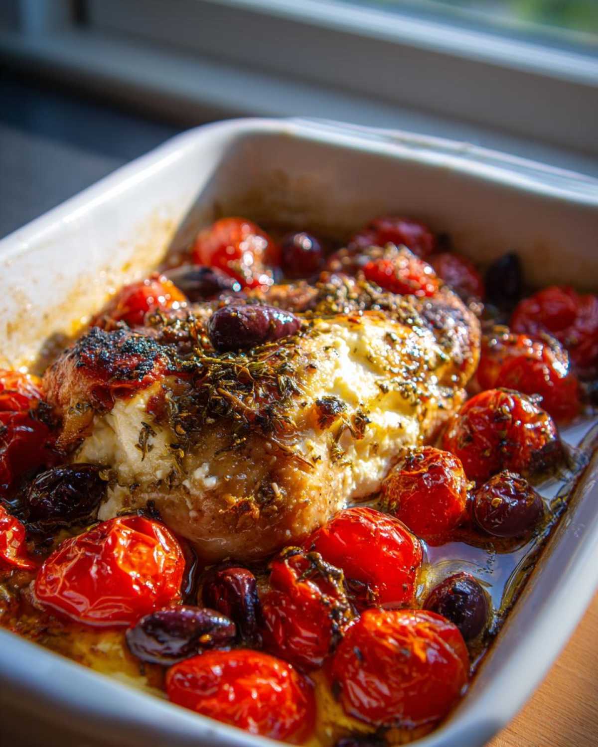 Close-up of Mediterranean Chicken Feta Bake, featuring baked chicken topped with feta and herbs, surrounded by roasted cherry tomatoes and olives.