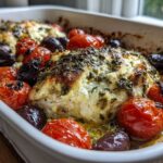 Close-up of baked Mediterranean Chicken Feta Bake topped with herbs, surrounded by roasted cherry tomatoes and Kalamata olives.