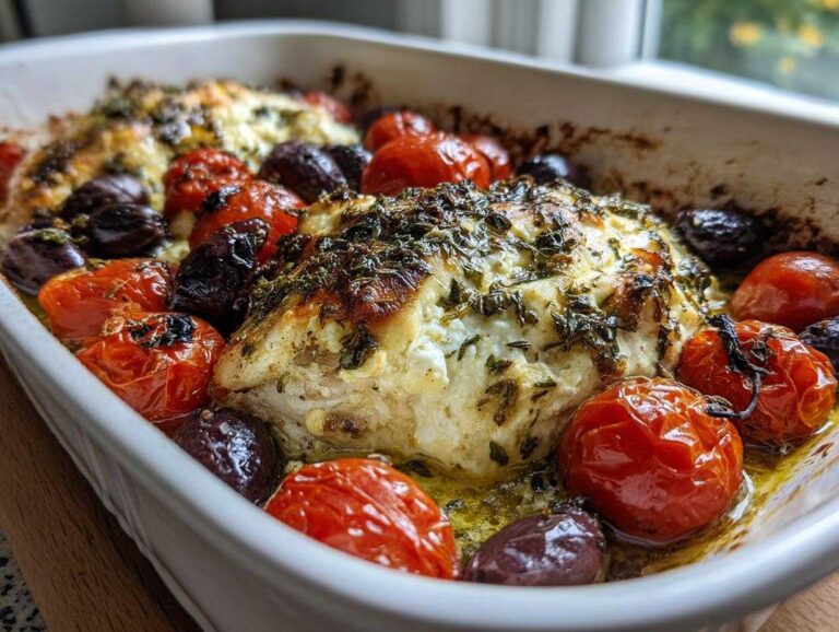 Close-up of baked Mediterranean Chicken Feta Bake topped with herbs, surrounded by roasted cherry tomatoes and Kalamata olives.