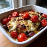 Close-up of baked Mediterranean Chicken Feta Bake with melted, browned feta, roasted cherry tomatoes, and olives.