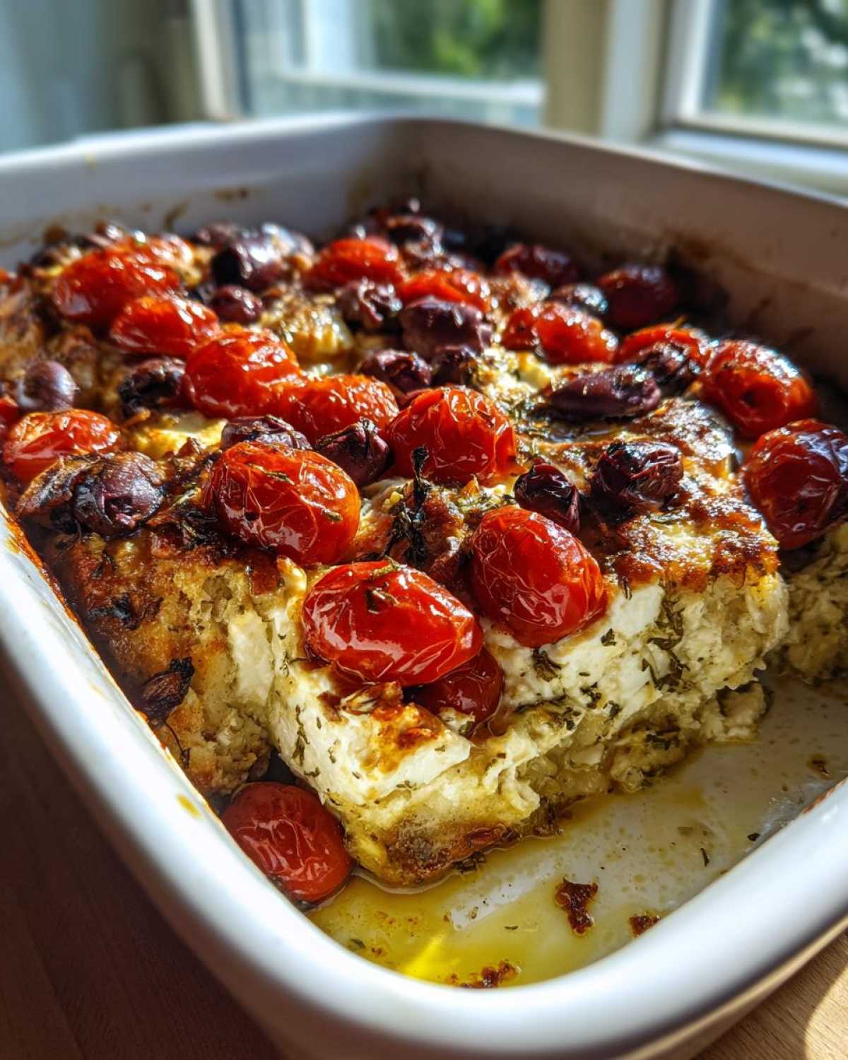 Close-up of the baked Mediterranean Chicken Feta Bake, showing melted feta, roasted cherry tomatoes, and olives in a white baking dish.
