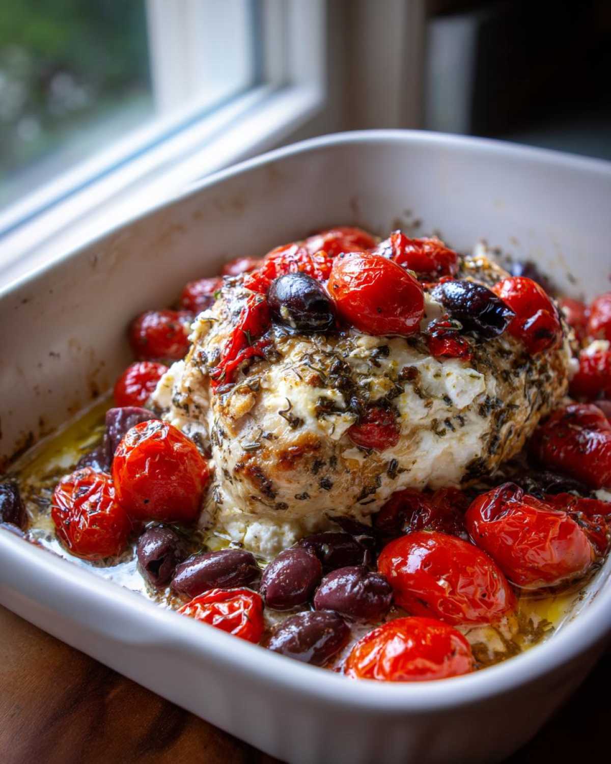 Close-up of baked feta cheese topped with herbs, surrounded by roasted cherry tomatoes and Kalamata olives in a white baking dish.