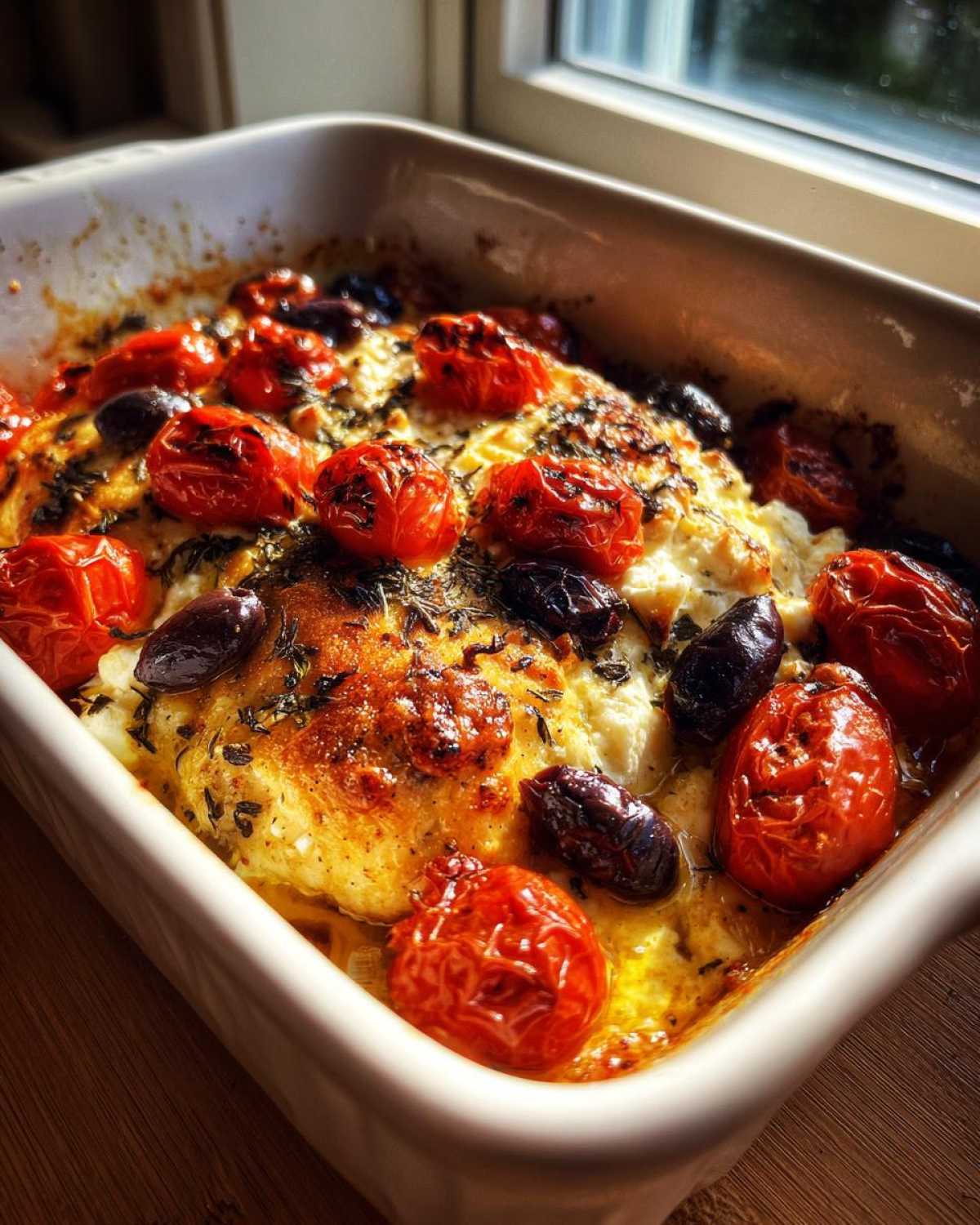 Close-up of baked Mediterranean Chicken Feta Bake with roasted cherry tomatoes and olives in a white dish.