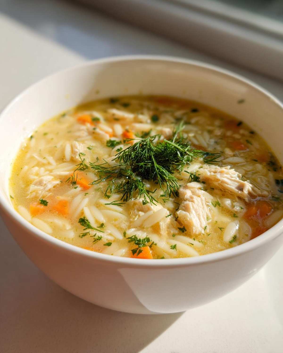 A close-up of a white bowl filled with Mediterranean Lemon Chicken Soup with Orzo, garnished with fresh dill.