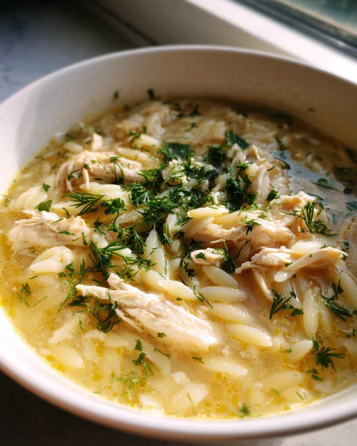 Close-up of a white bowl filled with Mediterranean Lemon Chicken Soup with Orzo, topped with shredded chicken and fresh dill.