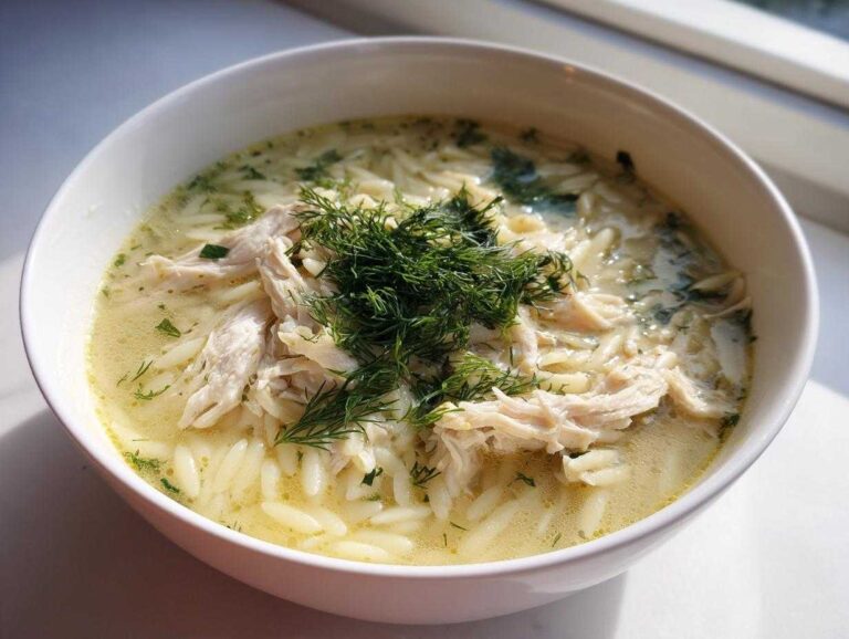 Amazing 5-Star Mediterranean Lemon Chicken Soup with Orzo Close-up of a white bowl filled with Mediterranean Lemon Chicken Soup with Orzo, topped with shredded chicken and fresh dill.