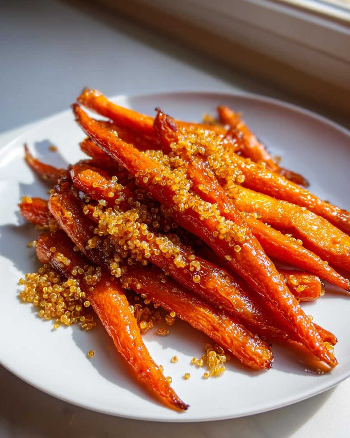 Close-up of glazed Miso Maple Carrots with Crunchy Quinoa sprinkled over the vibrant orange roasted carrots.
