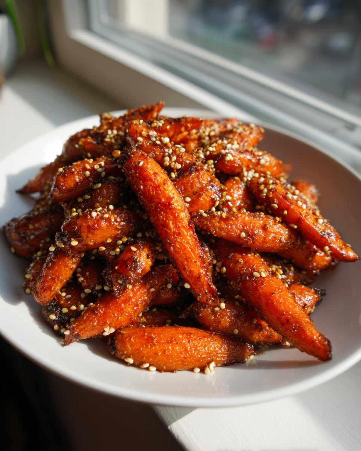 A mound of glazed Miso Maple Carrots with Crunchy Quinoa sprinkled on top, served on a white plate.