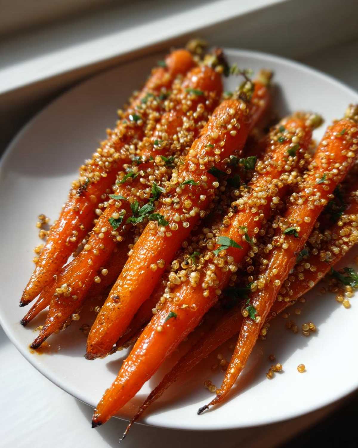 A close-up of roasted Miso Maple Carrots with Crunchy Quinoa sprinkled over bright orange glazed carrots on a white plate.