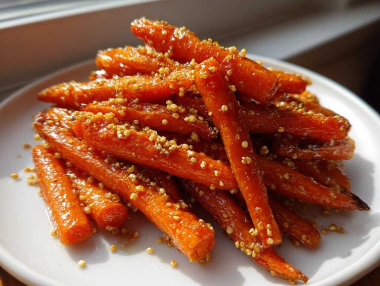 Stunning Miso Maple Carrots with 1 Crunch A pile of glazed Miso Maple Carrots with Crunchy Quinoa sprinkled over them, served on a white plate.