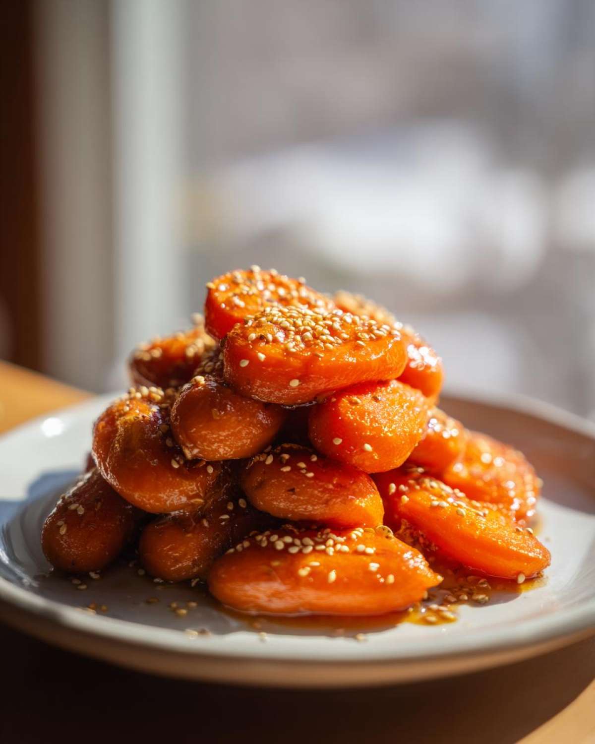 A stack of glossy, glazed Miso Maple Carrots topped with sesame seeds on a light plate.