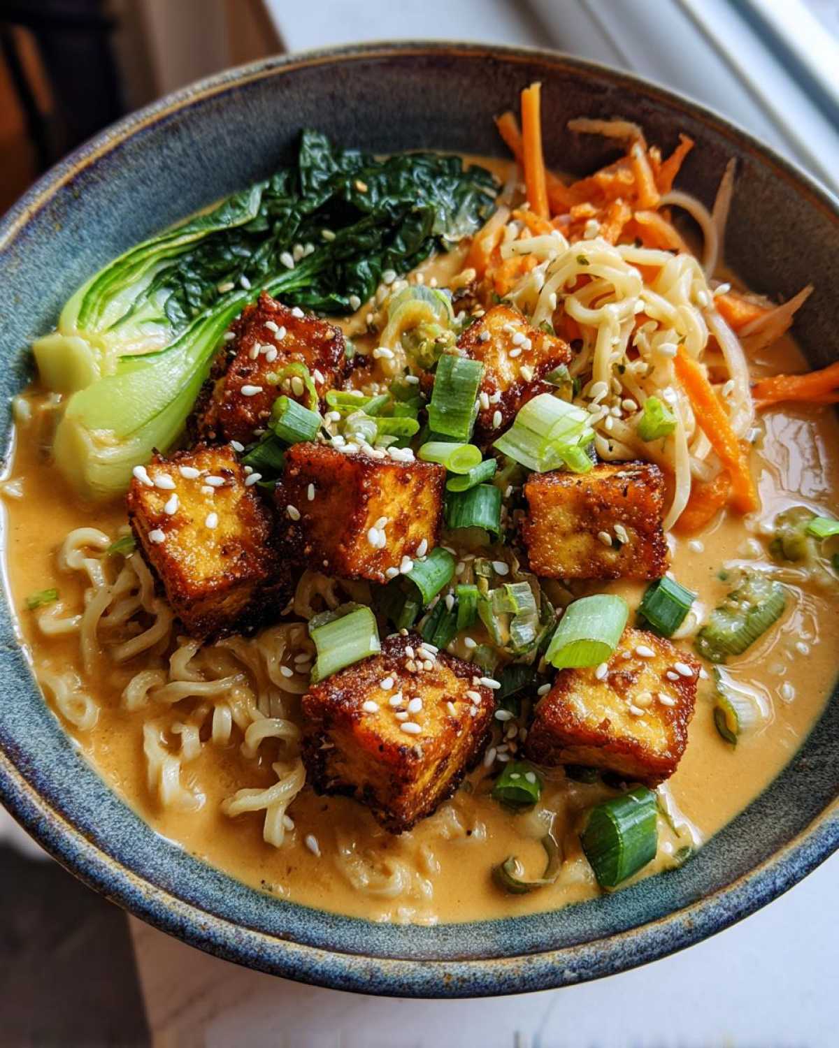 Close-up of Miso Peanut Ramen Bowls with Tofu, featuring crispy tofu cubes, noodles, and bok choy in a creamy broth.