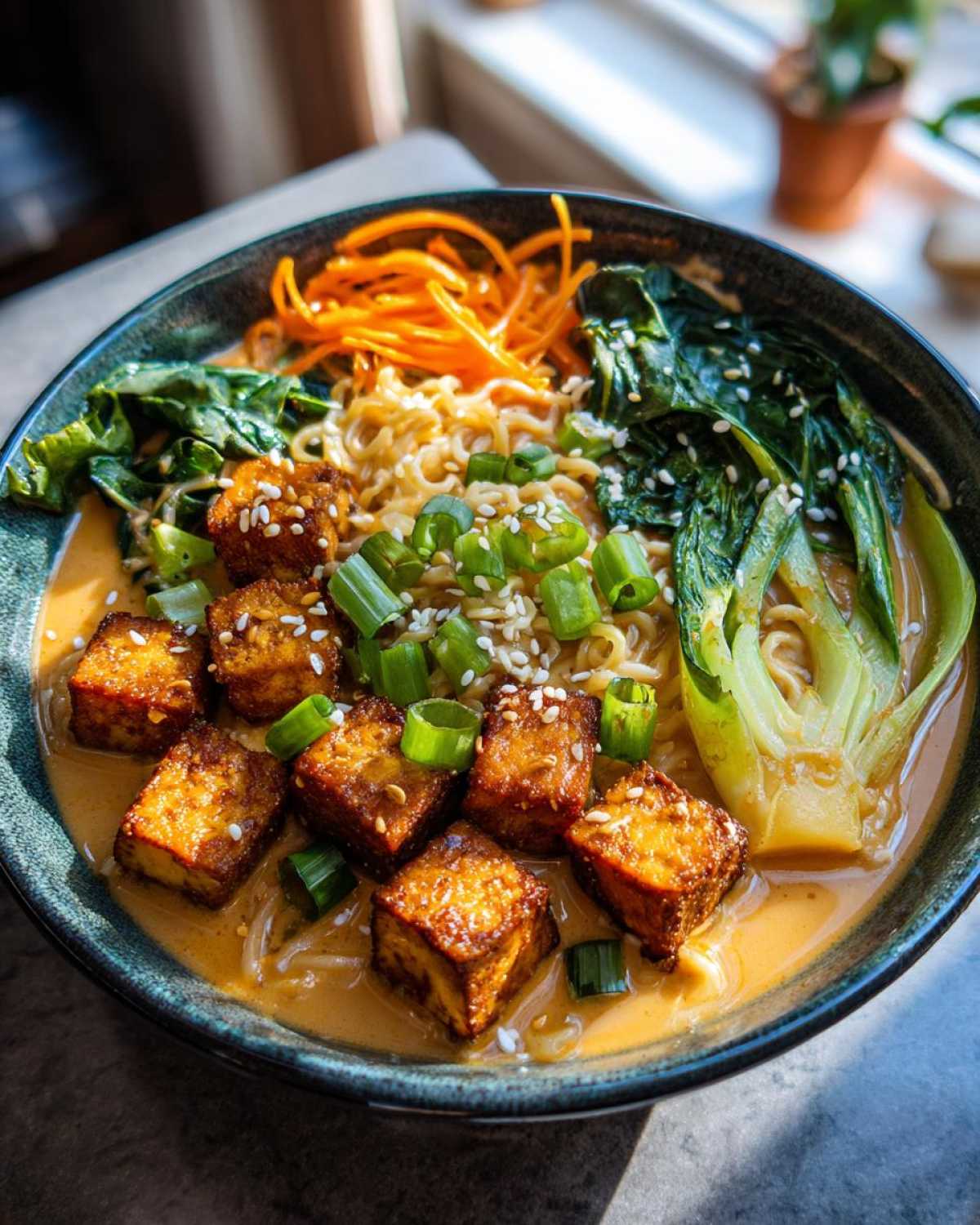 A vibrant bowl of Miso Peanut Ramen Bowls with Tofu, featuring crispy tofu cubes, noodles, bok choy, and shredded carrots.