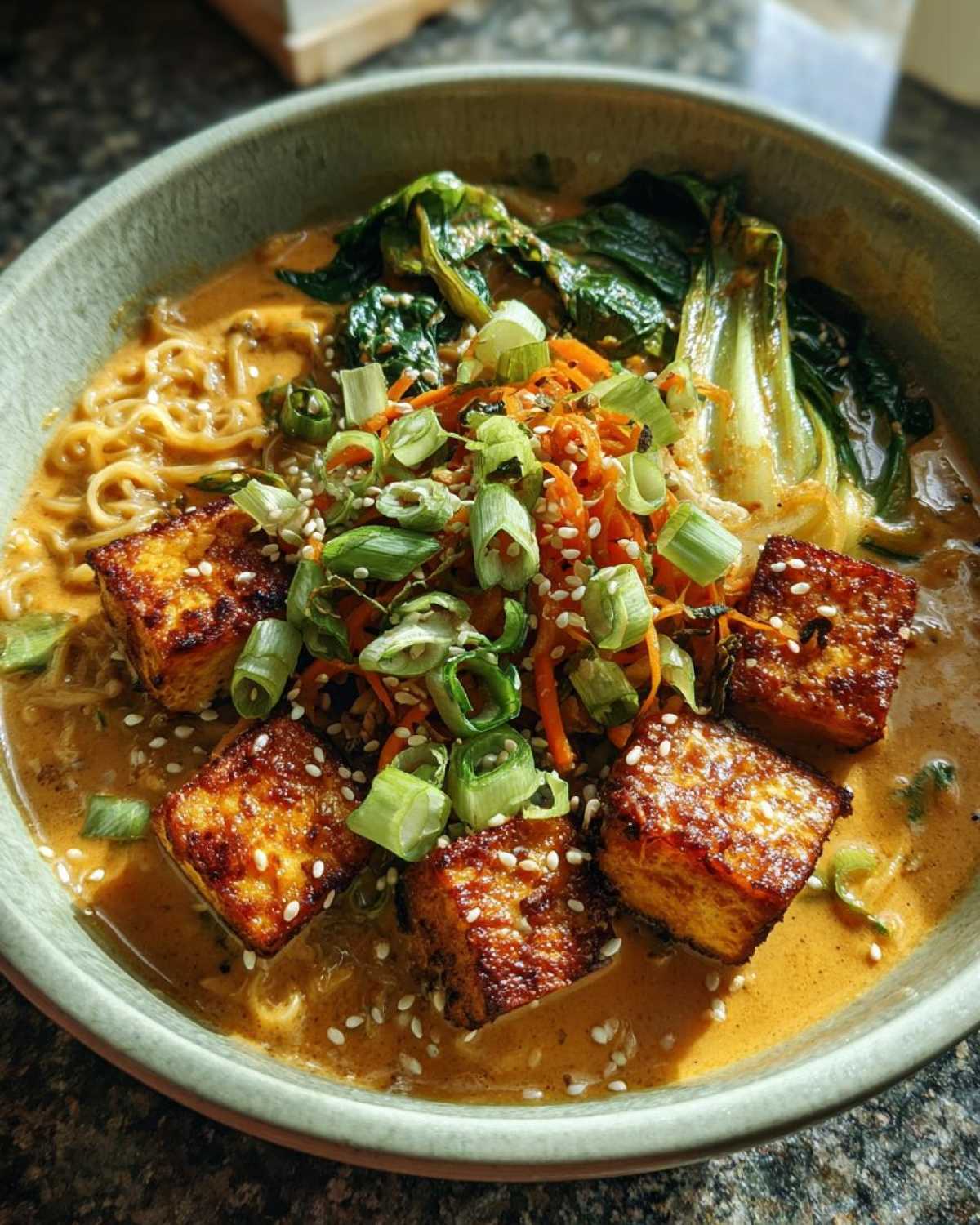 Close-up of Miso Peanut Ramen Bowls with Tofu, featuring crispy tofu, bok choy, and scallions.