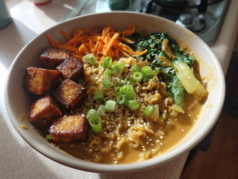 A close-up of Miso Peanut Ramen Bowls with Tofu, featuring crispy tofu cubes, noodles in miso broth, carrots, and green onions.