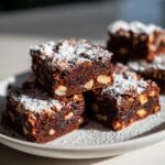 A stack of fudgy Mud Hen Bars with Chocolate and Nuts, dusted heavily with powdered sugar, on a white plate.