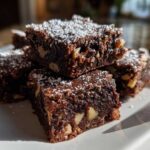 Close-up of fudgy Mud Hen Bars with Chocolate and Nuts, dusted with powdered sugar, stacked on a white plate.