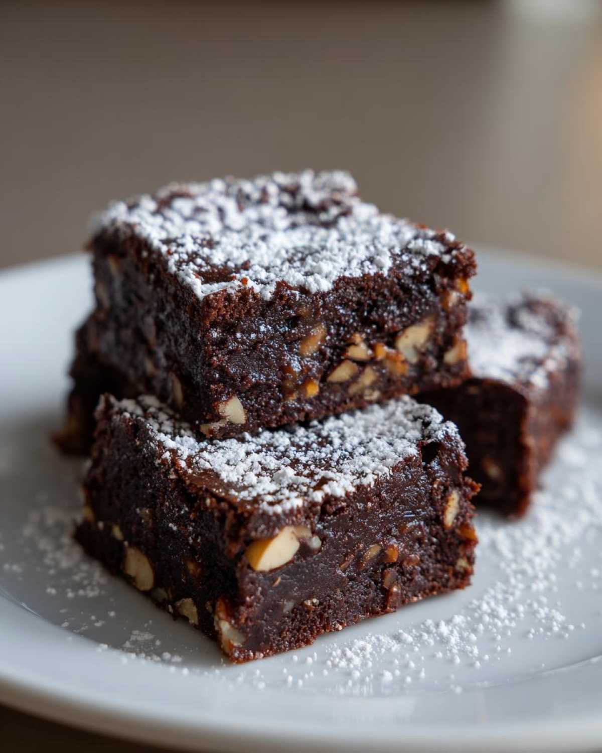 Close-up of stacked, fudgy Mud Hen Bars with Chocolate and Nuts, dusted generously with powdered sugar.