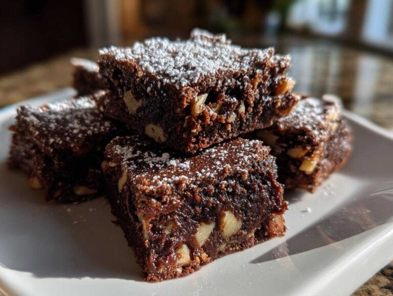 Close-up of fudgy Mud Hen Bars with Chocolate and Nuts, dusted with powdered sugar, stacked on a white plate.