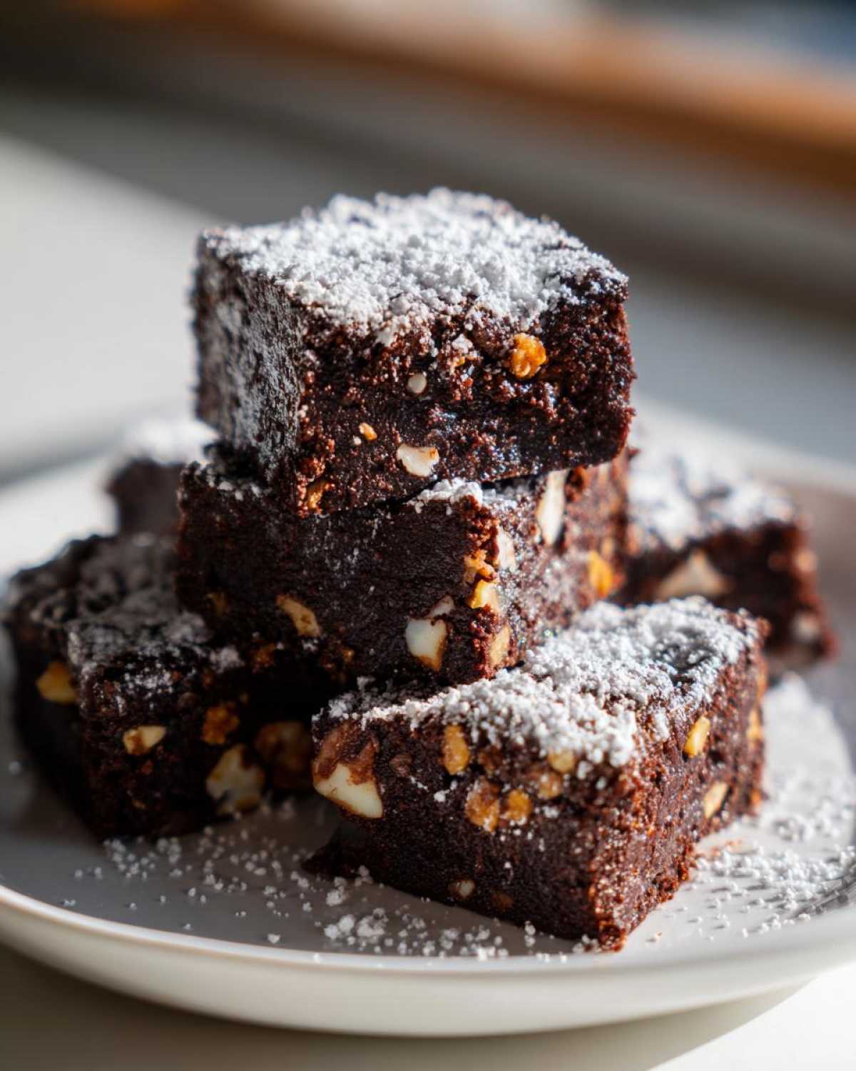 A stack of rich, fudgy Mud Hen Bars with chocolate and nuts, dusted with powdered sugar.