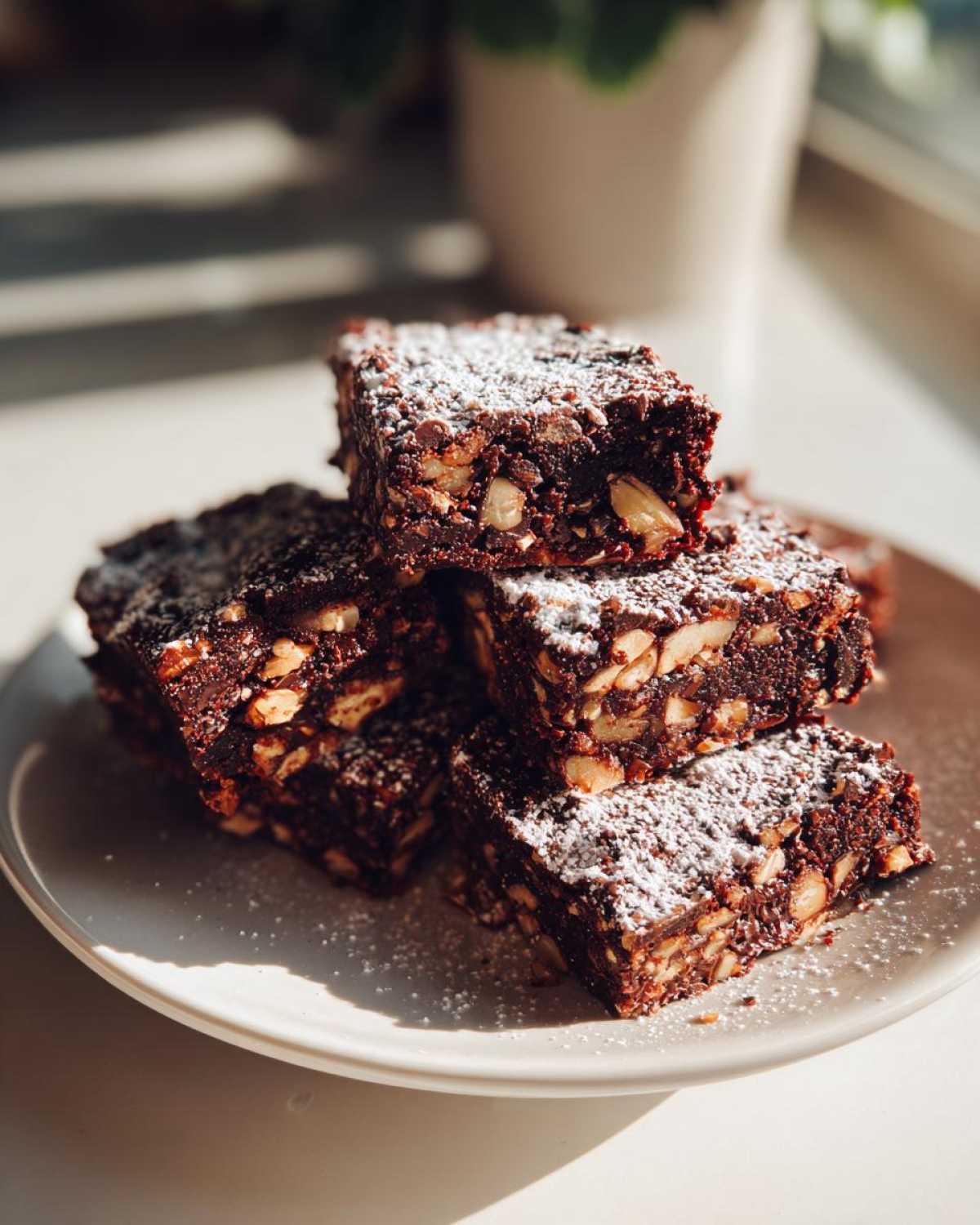 A stack of four rich, fudgy Mud Hen Bars with Chocolate and Nuts, heavily studded with nuts and dusted with powdered sugar.