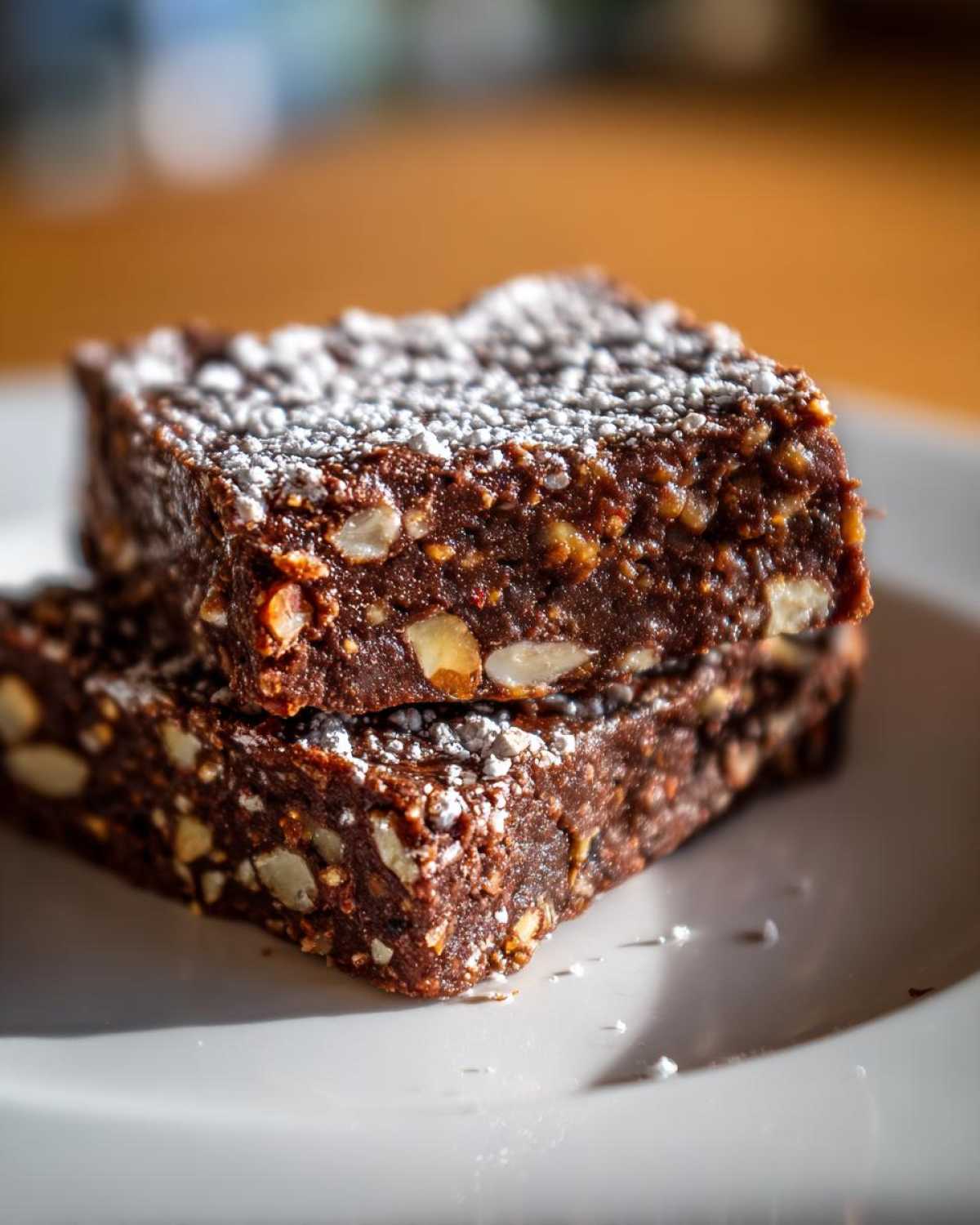 Two dense, square Mud Hen Bars with Chocolate and Nuts, studded with nuts and dusted with powdered sugar, stacked on a white plate.