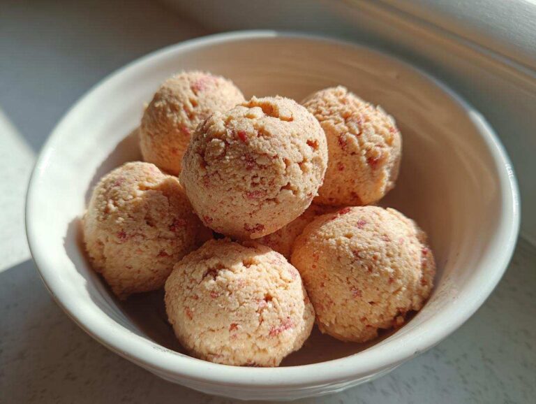 A white bowl filled with several No-Bake Strawberry Shortcake Protein Bites, showing flecks of red strawberry throughout.