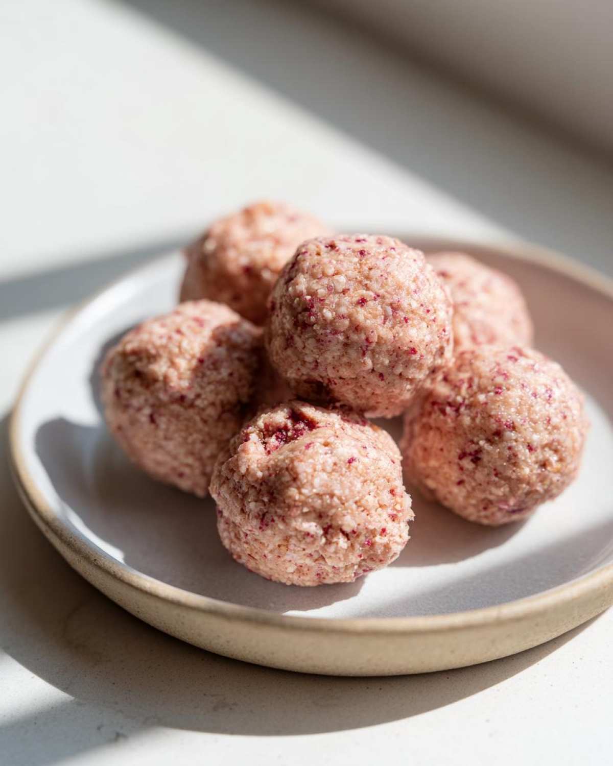 A close-up of several No-Bake Strawberry Shortcake Protein Bites piled on a small, light-colored ceramic plate.
