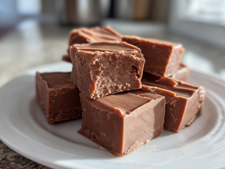 A stack of rich, square pieces of No-Fail Fudge with Milk Chocolate on a white plate.
