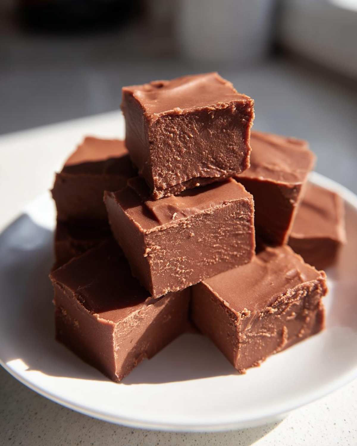 A stack of rich, dark squares of No-Fail Fudge with Milk Chocolate piled on a white plate.