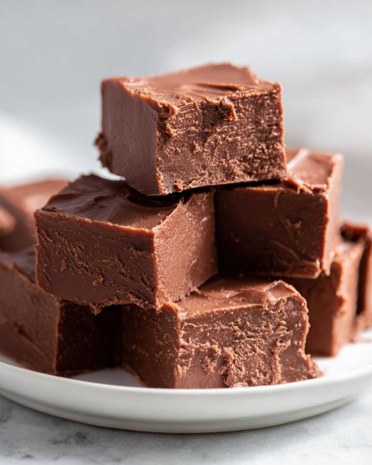 A stack of rich, dark squares of No-Fail Fudge with Milk Chocolate resting on a white plate.