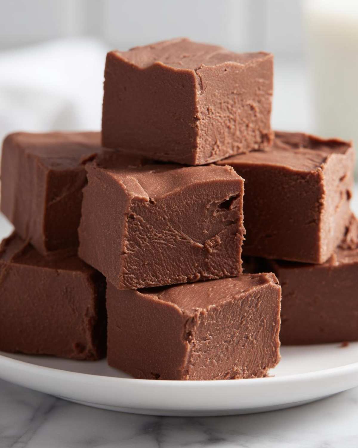 A stack of rich, brown squares of No-Fail Fudge with Milk Chocolate piled on a white plate.