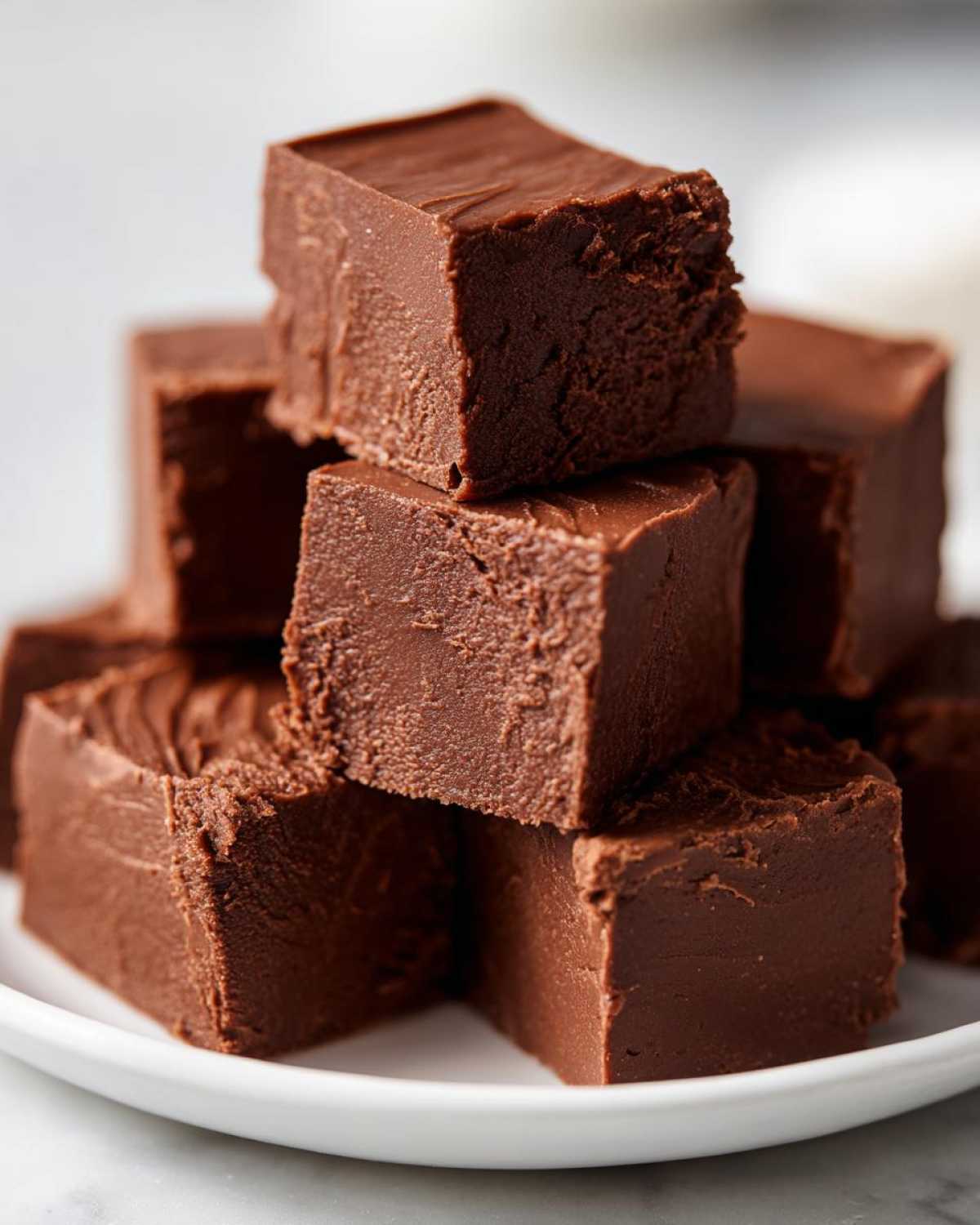 A stack of rich, dark squares of No-Fail Fudge with Milk Chocolate resting on a white plate.