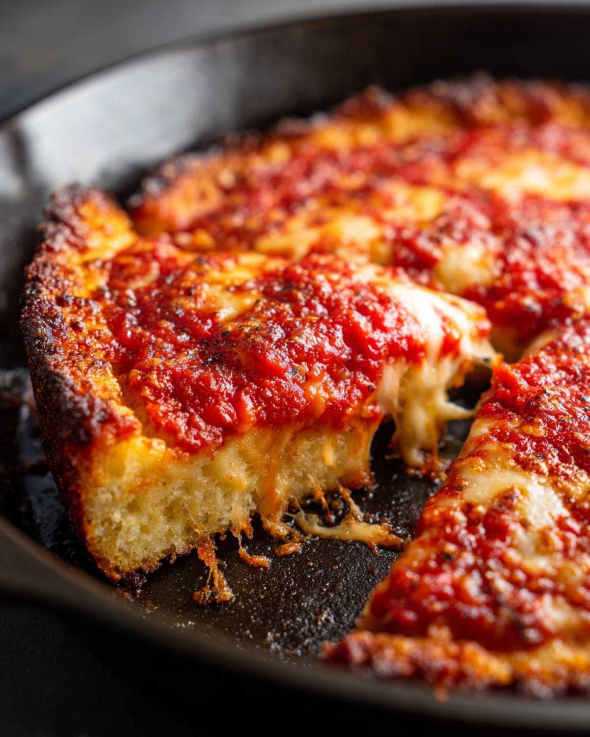Close-up of a thick slice of No-Knead Simple Crispy Pan Pizza being pulled out, showing a dramatic cheese pull.