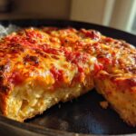 Close-up of a thick-crust No-Knead Simple Crispy Pan Pizza baked in a cast iron skillet, showing bubbly cheese and sauce.