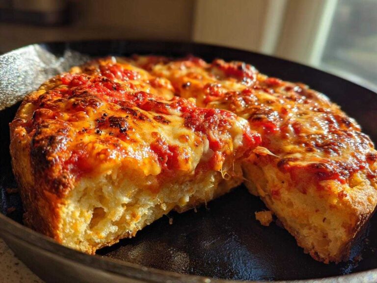 Amazing No-Knead Simple Crispy Pan Pizza 1 Close-up of a thick-crust No-Knead Simple Crispy Pan Pizza baked in a cast iron skillet, showing bubbly cheese and sauce.