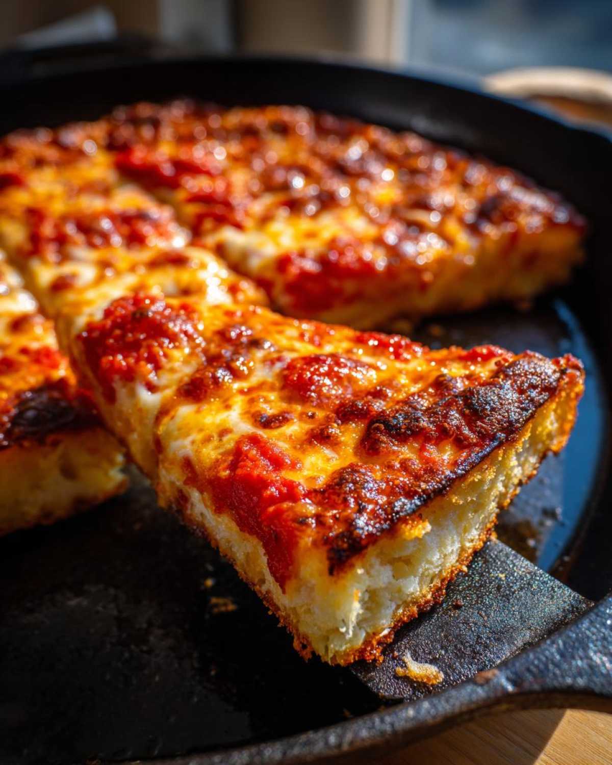 A close-up of a thick, crispy slice being lifted from a No-Knead Simple Crispy Pan Pizza cooked in a cast iron skillet.