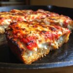 Close-up of a thick slice of No-Knead Simple Crispy Pan Pizza with melted cheese and rich tomato sauce.
