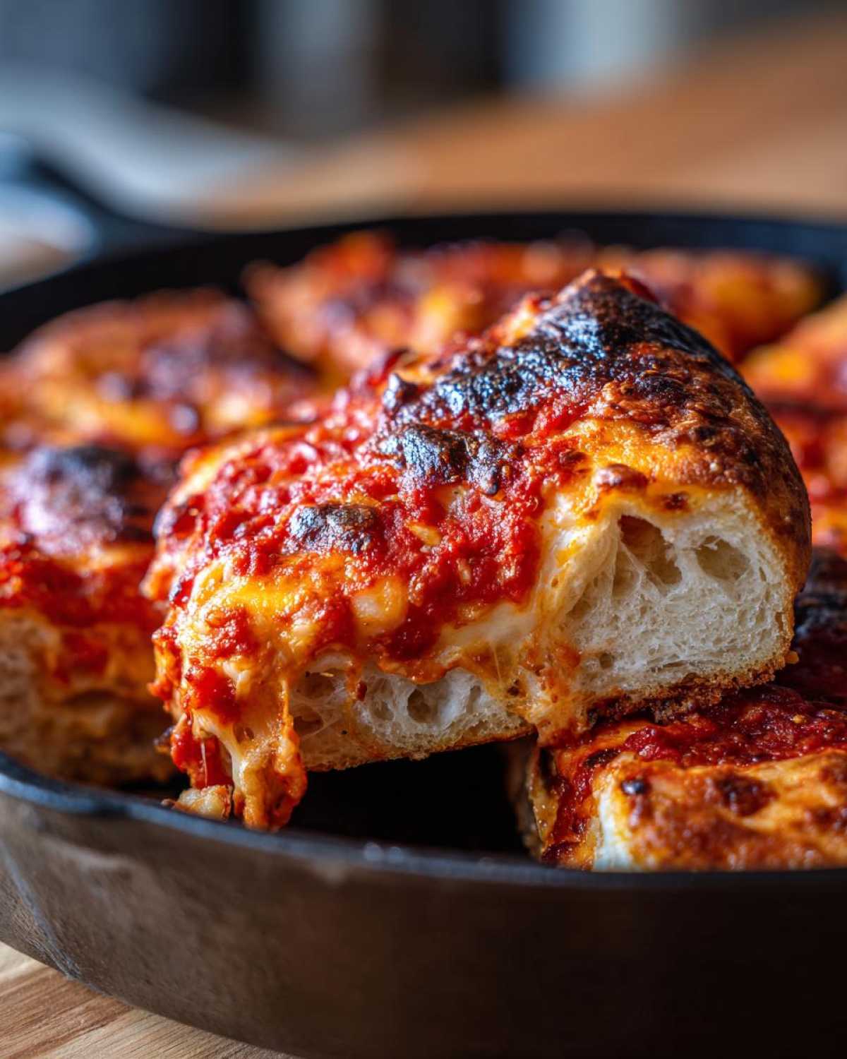 A thick slice of No-Knead Simple Crispy Pan Pizza showing a fluffy interior and charred, cheesy top.
