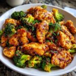 Close-up of glistening One-Pan Harissa Orange Chicken and Broccoli coated in a spicy glaze.