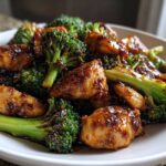 Close-up of bite-sized chicken pieces coated in a dark glaze mixed with vibrant green broccoli florets from the One-Pan Harissa Orange Chicken.