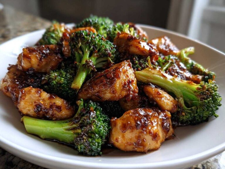 Close-up of bite-sized chicken pieces coated in a dark glaze mixed with vibrant green broccoli florets from the One-Pan Harissa Orange Chicken.