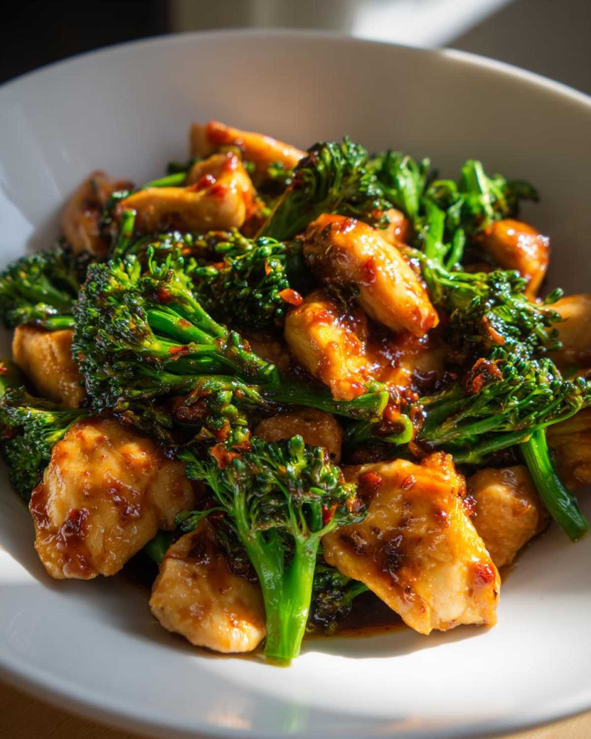Close-up of tender chicken pieces coated in a spicy glaze mixed with bright green broccoli florets in a white bowl, featuring One-Pan Harissa Orange Chicken.
