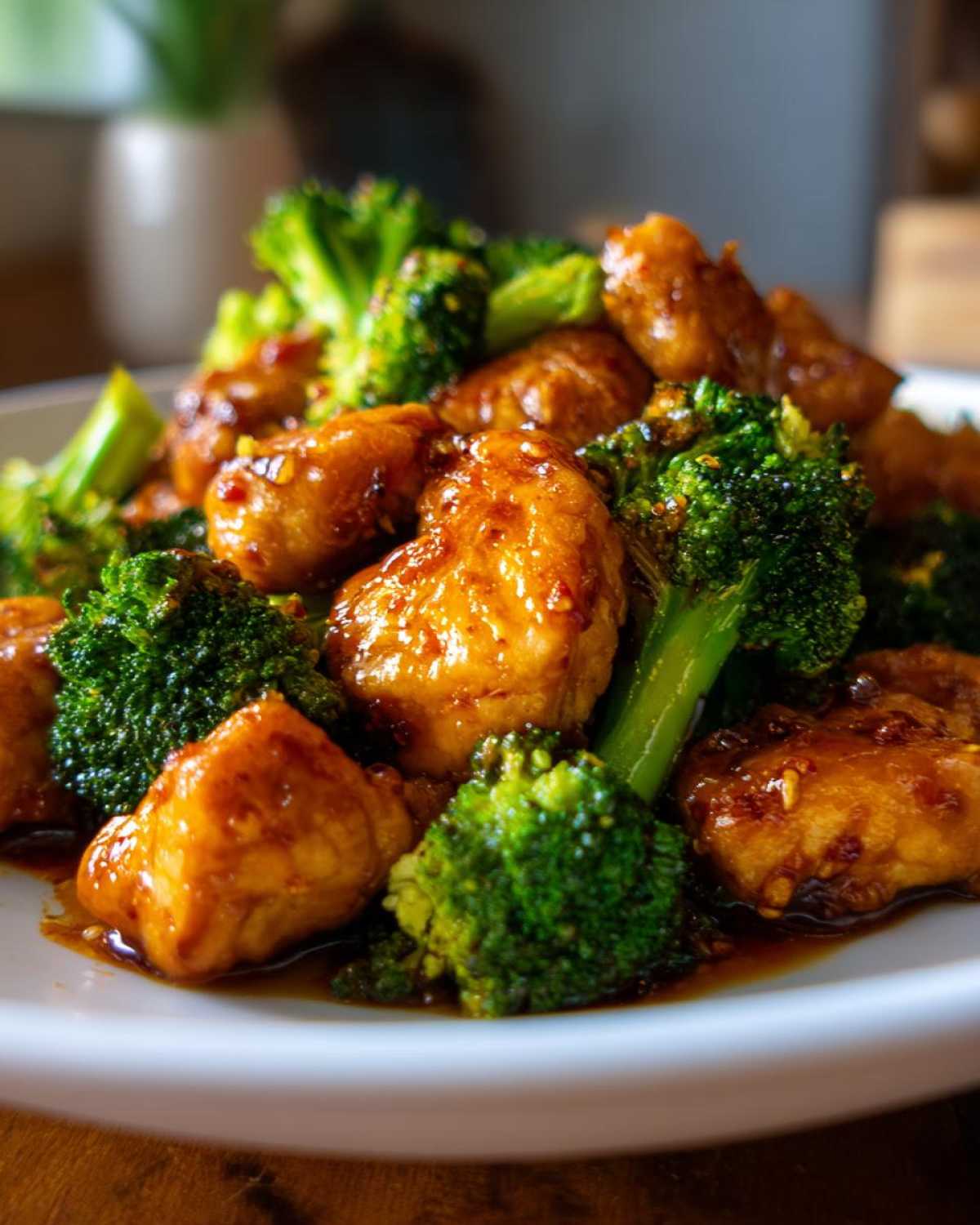 Close-up of glossy, glazed One-Pan Harissa Orange Chicken pieces mixed with bright green broccoli florets.
