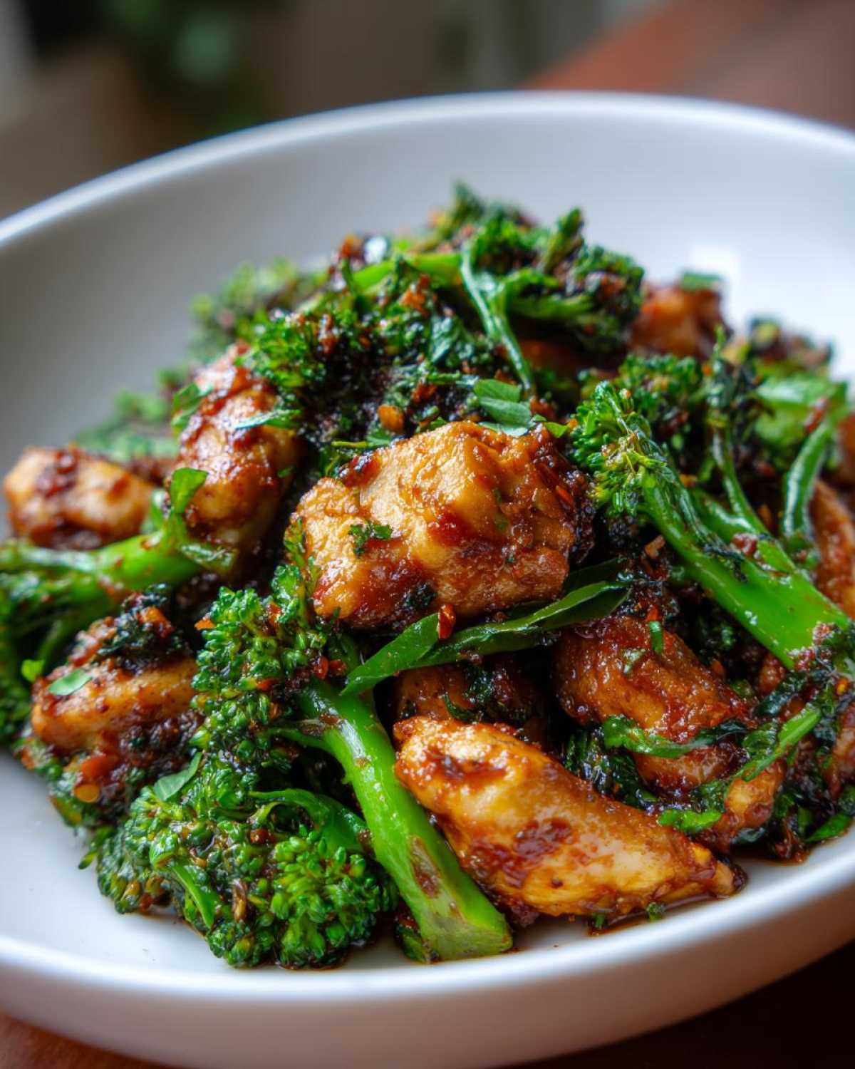 Close-up of tender chicken pieces coated in spicy sauce mixed with bright green broccoli florets in a white bowl, featuring One-Pan Harissa Orange Chicken.