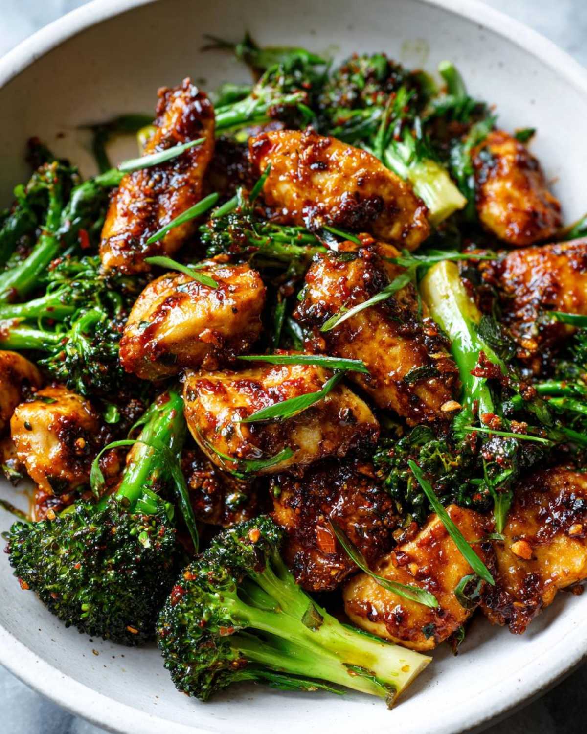 Close-up of glistening, glazed chicken pieces mixed with vibrant green broccoli florets in a white bowl, featuring One-Pan Harissa Orange Chicken.