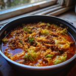 A close-up of rich, savory Golumpki Soup with ground meat and cabbage simmering in a dark pot.