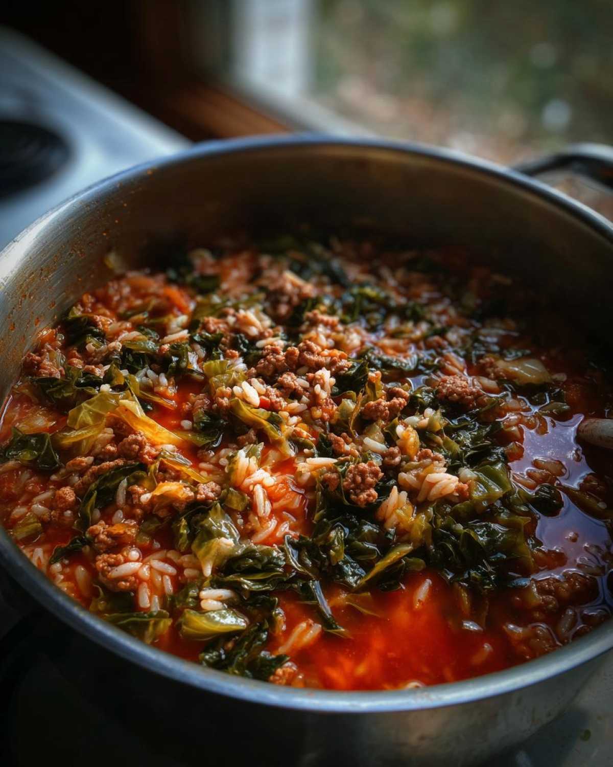 Close-up of rich, tomato-based Golumpki Soup with ground meat, rice, and cabbage cooking in a stainless steel pot.
